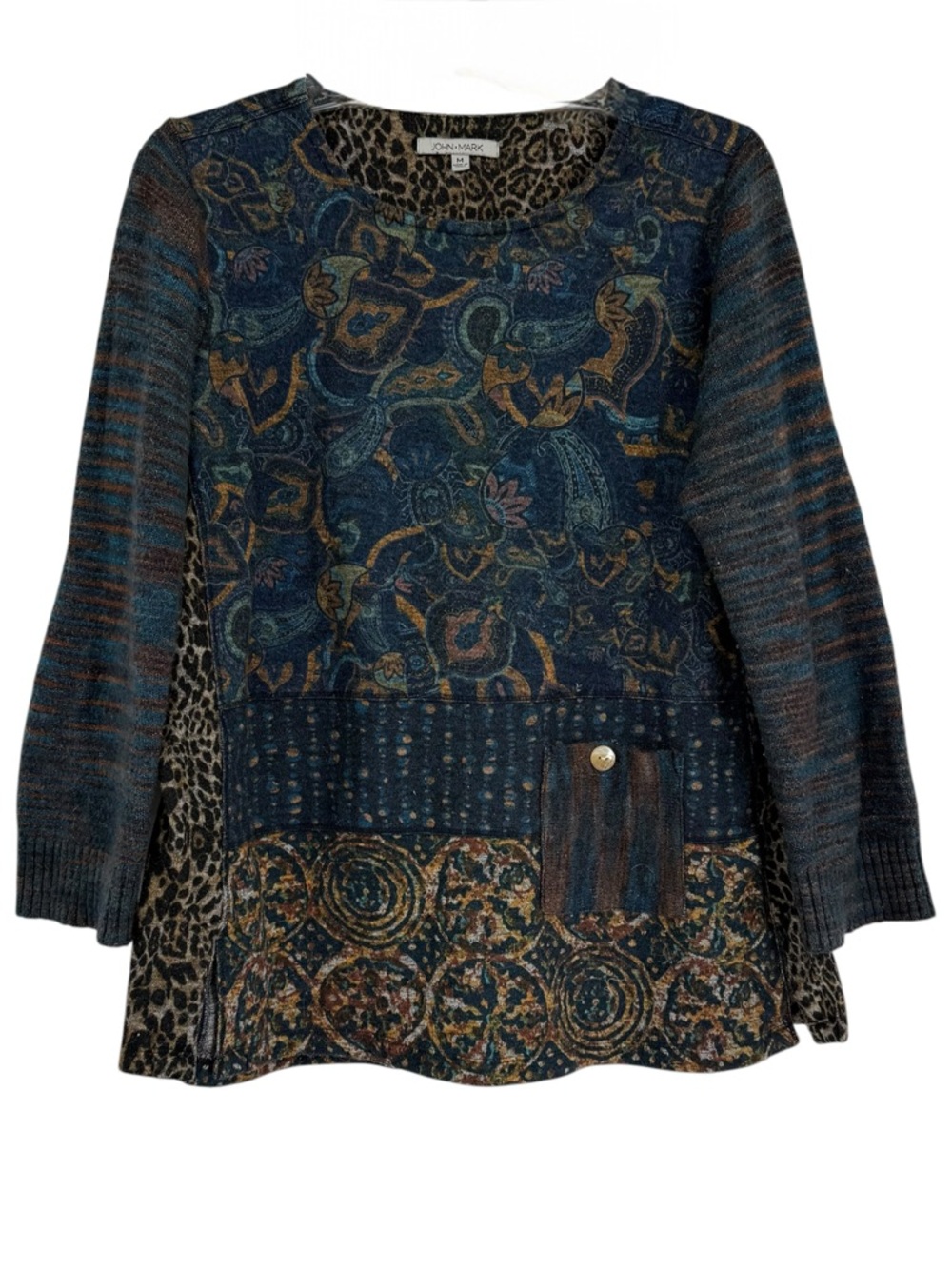 John Mark Women Patchwork Paisley Leopard Print Long Sleeve Sweater Top Medium